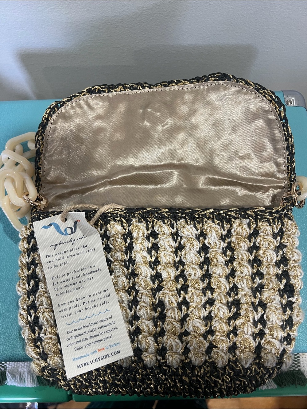 My Beachy Side | Handmade Black Gold Cream Hand-knit Purse - Picture 2 of 16